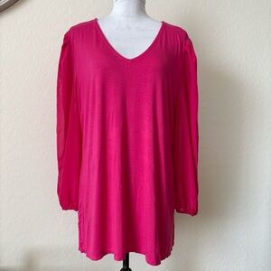 J.M.Collection Women's 3/4 Sheer-Sleeve pink Top V neck. XL